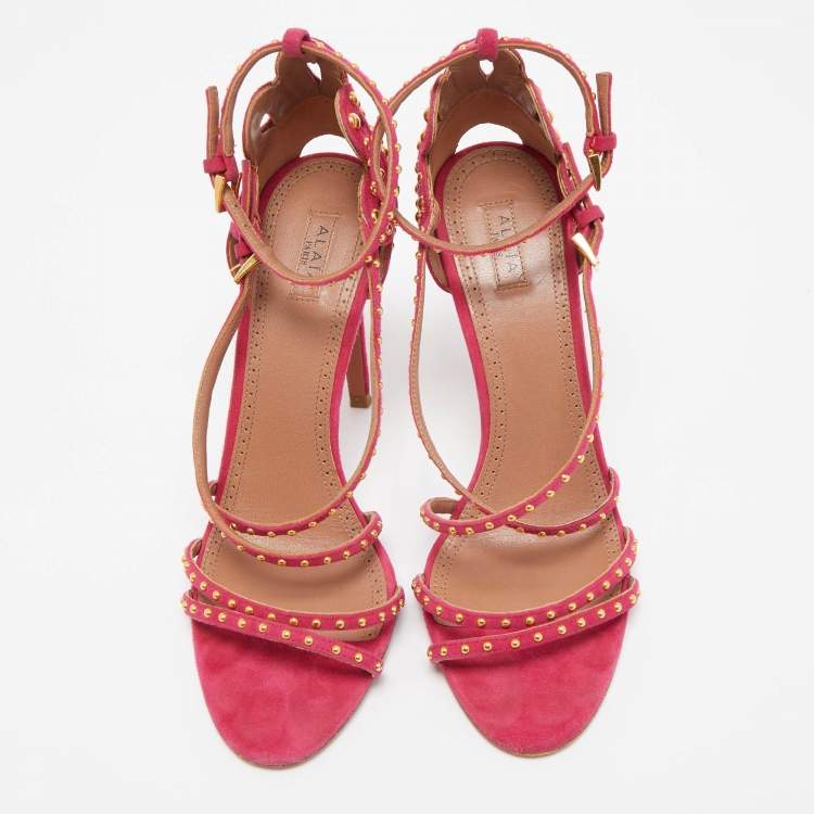Pre Owned Alaia Pink Suede Studded Strappy Ankle Strap Sandals Size 39