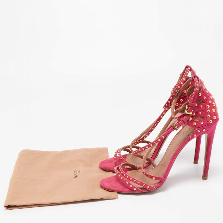 Pre Owned Alaia Pink Suede Studded Strappy Ankle Strap Sandals Size 39