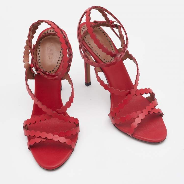 مملوكة مسبقًا Alaia Red Leather Ankle Strap Sandals Size 37
