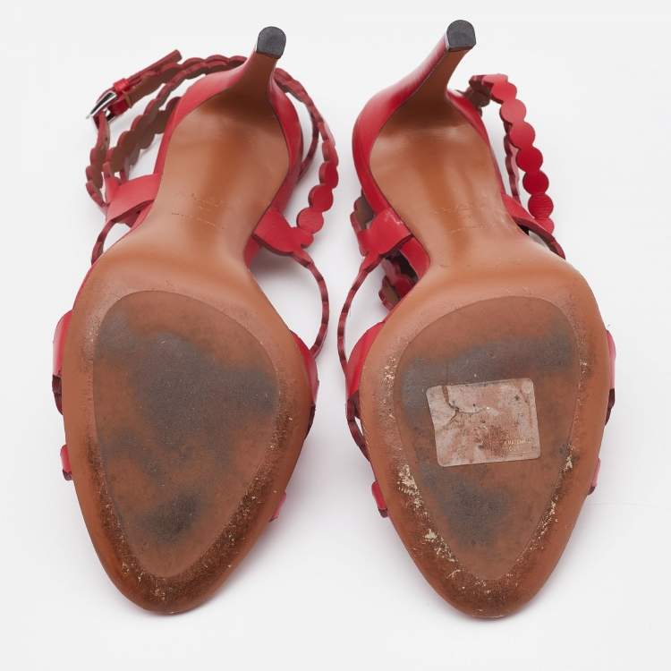 مملوكة مسبقًا Alaia Red Leather Ankle Strap Sandals Size 37