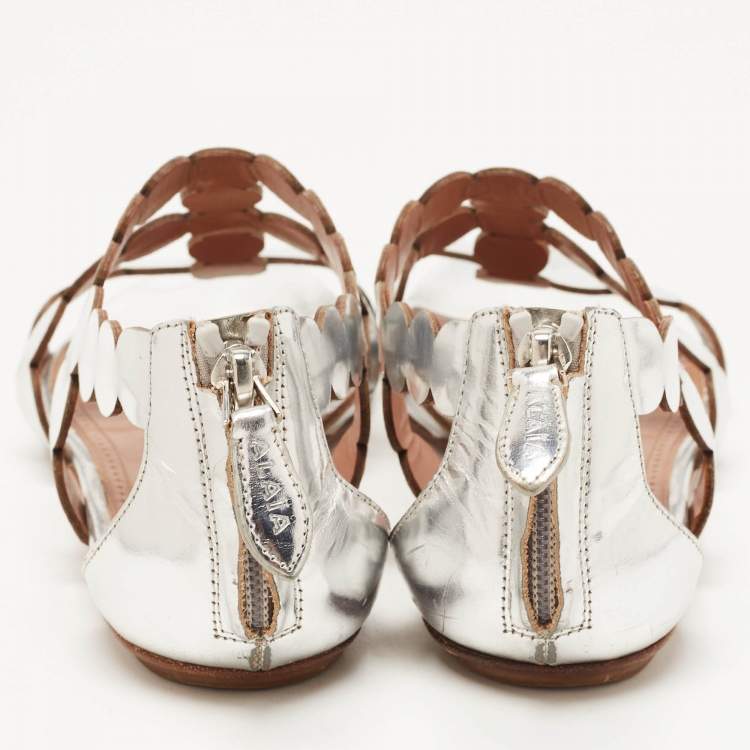 Pre Owned Alaia Silver Leather Ankle Strap Flat Sandals Size 38