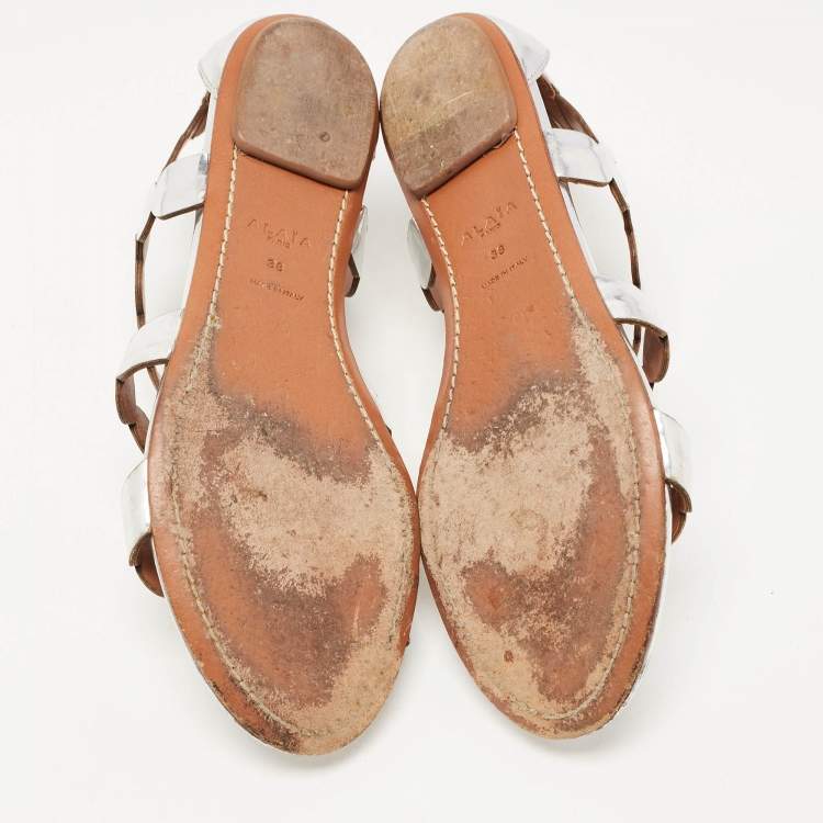 Pre Owned Alaia Silver Leather Ankle Strap Flat Sandals Size 38