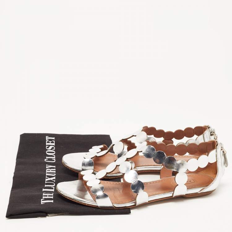 Pre Owned Alaia Silver Leather Ankle Strap Flat Sandals Size 38