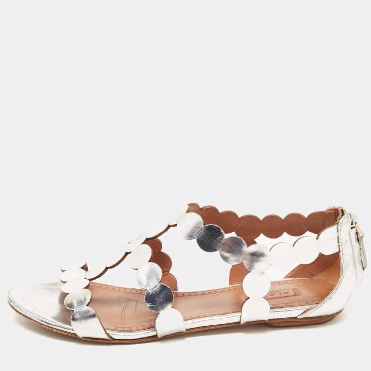 Pre Owned Alaia Silver Leather Ankle Strap Flat Sandals Size 38