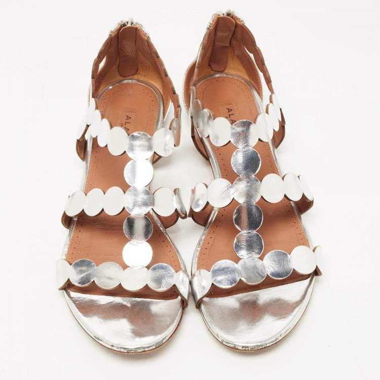 Pre Owned Alaia Silver Leather Ankle Strap Flat Sandals Size 38
