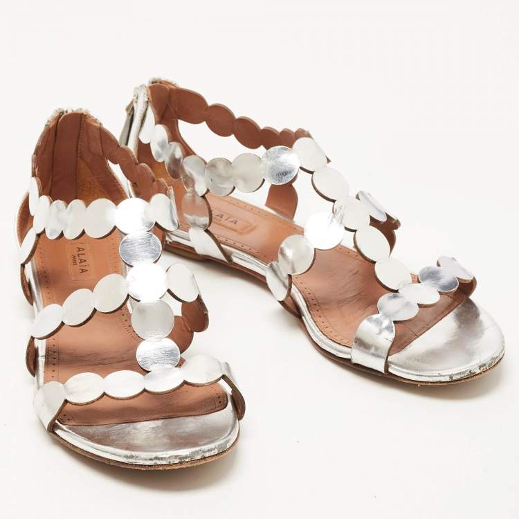 Pre Owned Alaia Silver Leather Ankle Strap Flat Sandals Size 38