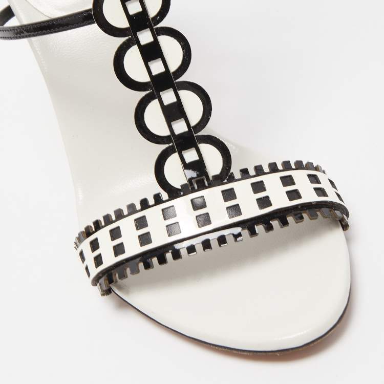 Pre Owned Alaia White/Black Laser Cut Patent Leather Strappy Sandals Size 38.5 