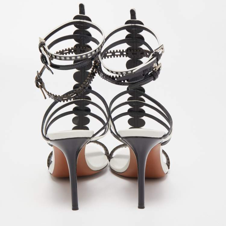 Pre Owned Alaia White/Black Laser Cut Patent Leather Strappy Sandals Size 38.5 