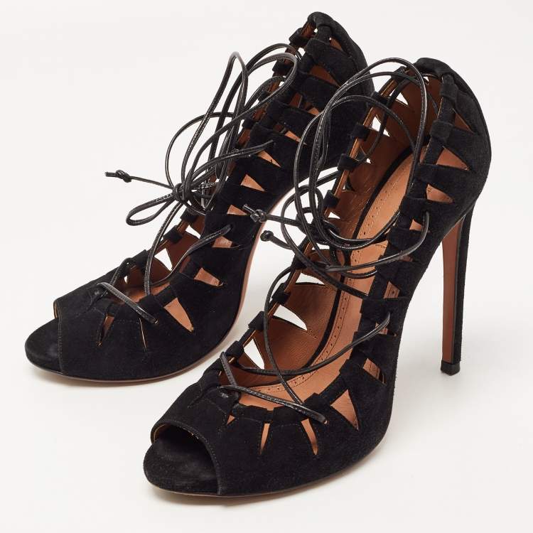 Pre Owned Alaia Black Suede Scallop Trim Open Toe Pumps Size 39.5