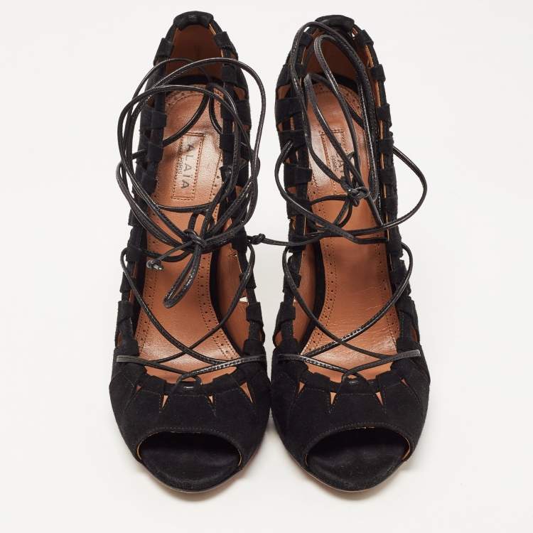 Pre Owned Alaia Black Suede Scallop Trim Open Toe Pumps Size 39.5