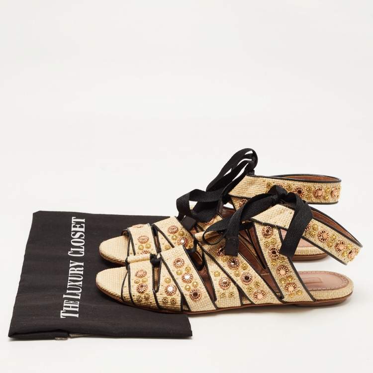 Pre Owned Alaia Beige Raffia Studded Ankle Tie Flats Size 41