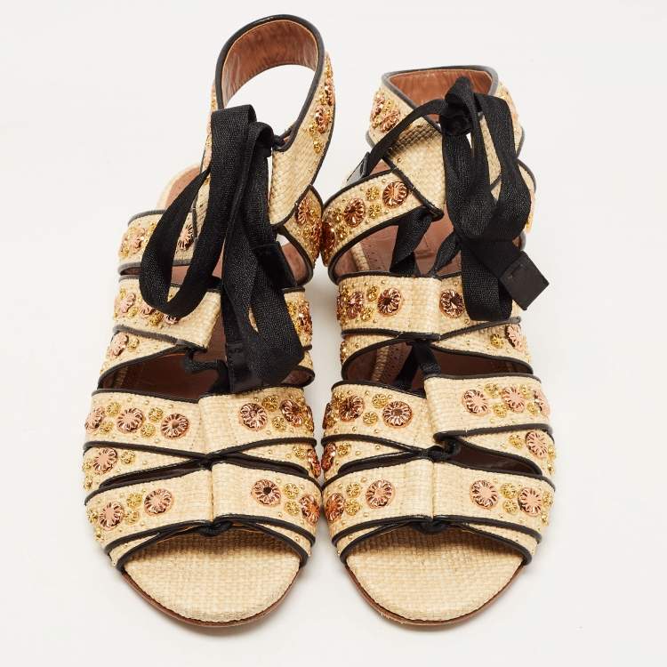Pre Owned Alaia Beige Raffia Studded Ankle Tie Flats Size 41