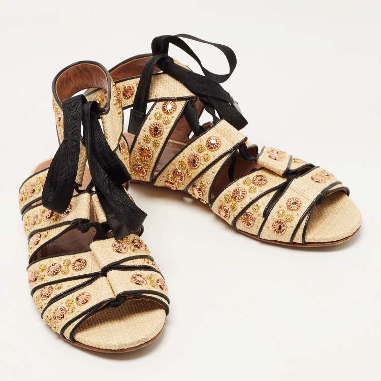 Pre Owned Alaia Beige Raffia Studded Ankle Tie Flats Size 41