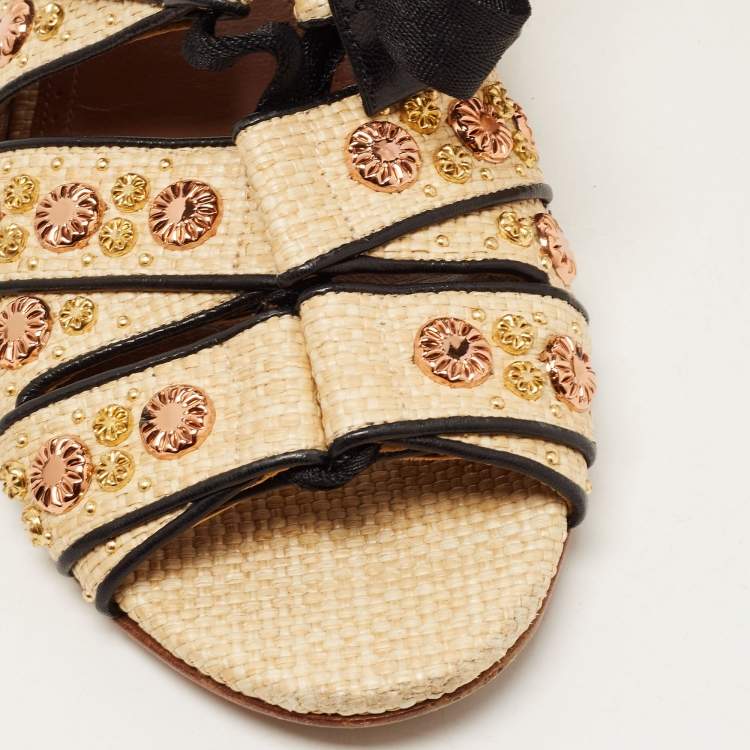 Pre Owned Alaia Beige Raffia Studded Ankle Tie Flats Size 41