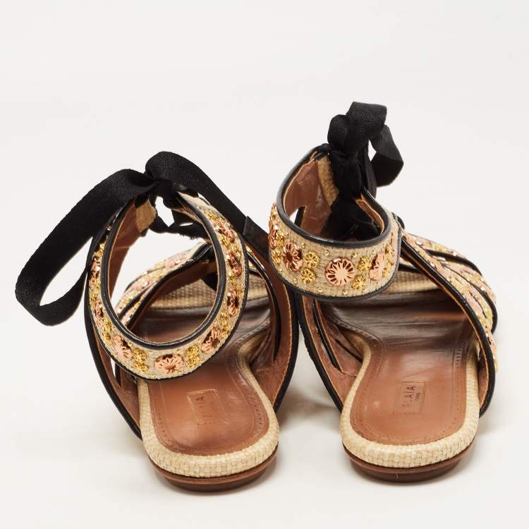 Pre Owned Alaia Beige Raffia Studded Ankle Tie Flats Size 41