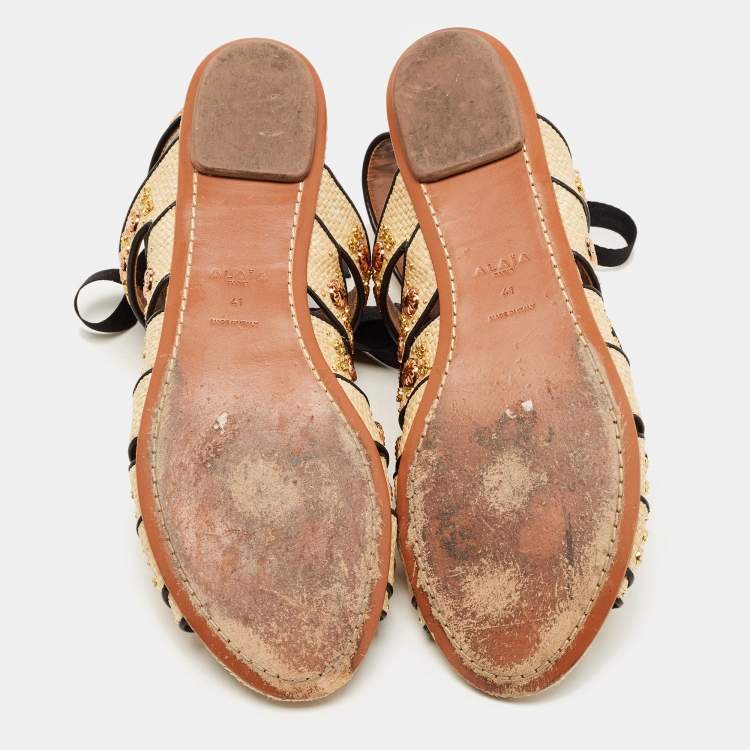 Pre Owned Alaia Beige Raffia Studded Ankle Tie Flats Size 41