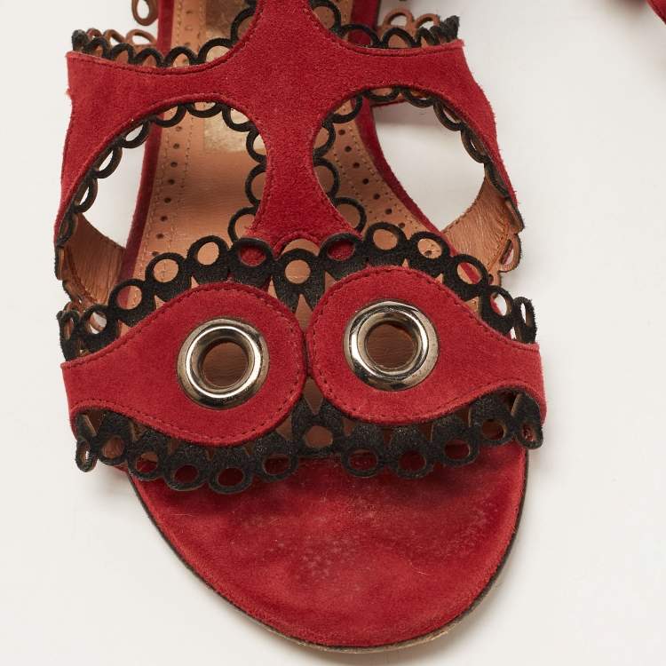 Pre Owned Alaia Burgundy Suede Scallop Trim Eyelet Embellished Ankle Cuff Flat Sandals Size 39
