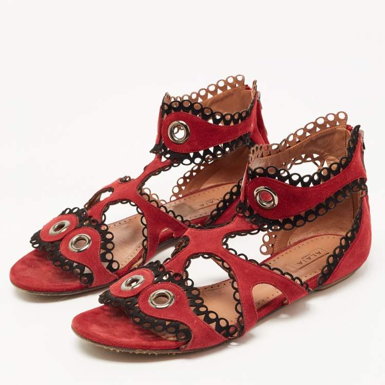 Pre Owned Alaia Burgundy Suede Scallop Trim Eyelet Embellished Ankle Cuff Flat Sandals Size 39