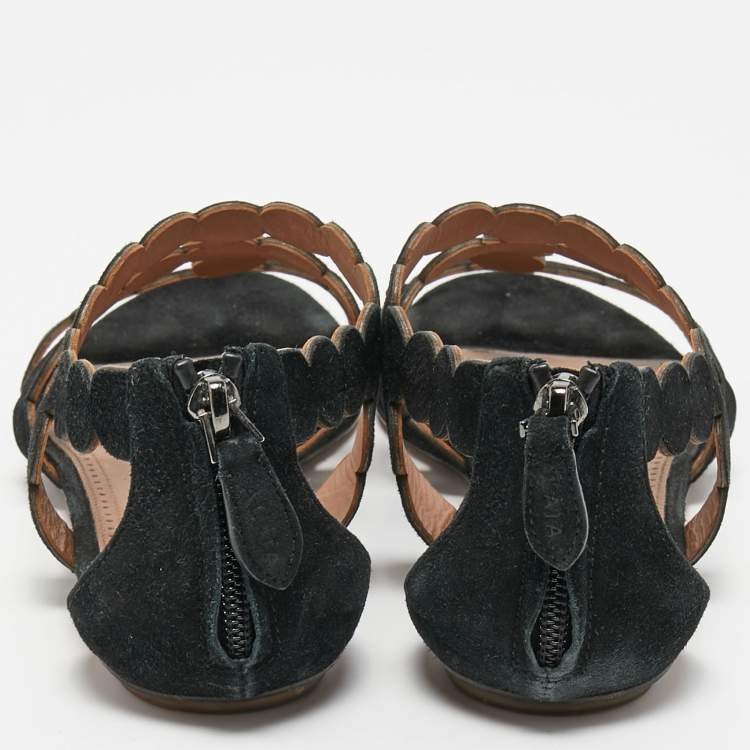 Pre Owned Alaia Black Suede Scallop Flat Sandals Size 39