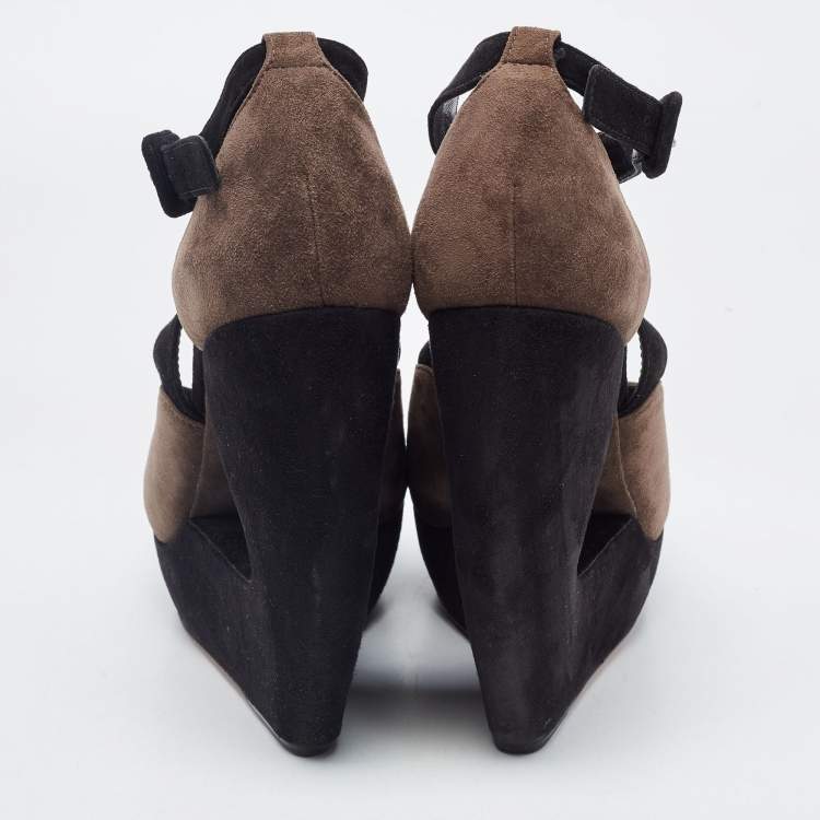 Pre Owned Alaia Brown and Black Suede Wedge Platform Ankle Strap Sandals Size 39
