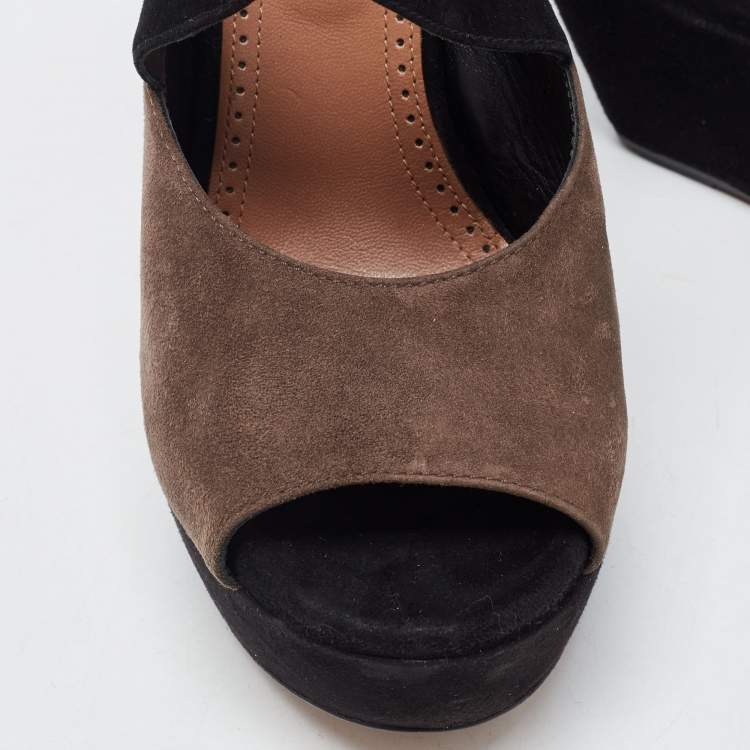 Pre Owned Alaia Brown and Black Suede Wedge Platform Ankle Strap Sandals Size 39