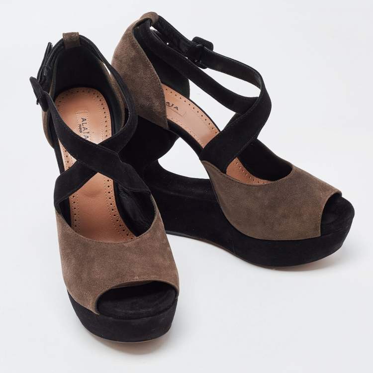 Pre Owned Alaia Brown and Black Suede Wedge Platform Ankle Strap Sandals Size 39