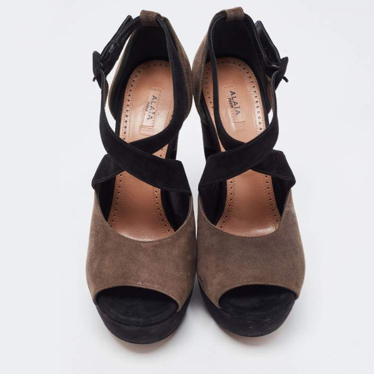 Pre Owned Alaia Brown and Black Suede Wedge Platform Ankle Strap Sandals Size 39