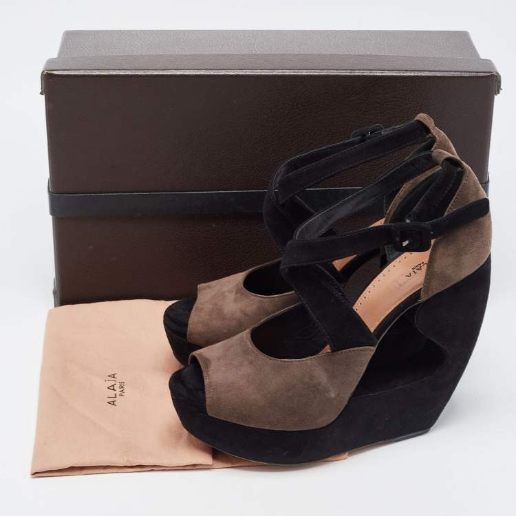 Pre Owned Alaia Brown and Black Suede Wedge Platform Ankle Strap Sandals Size 39