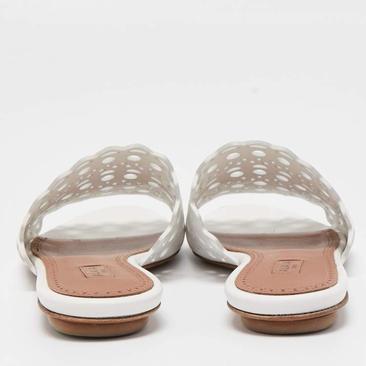 Pre Owned Alaia White Leather Flat Slides Size 37  