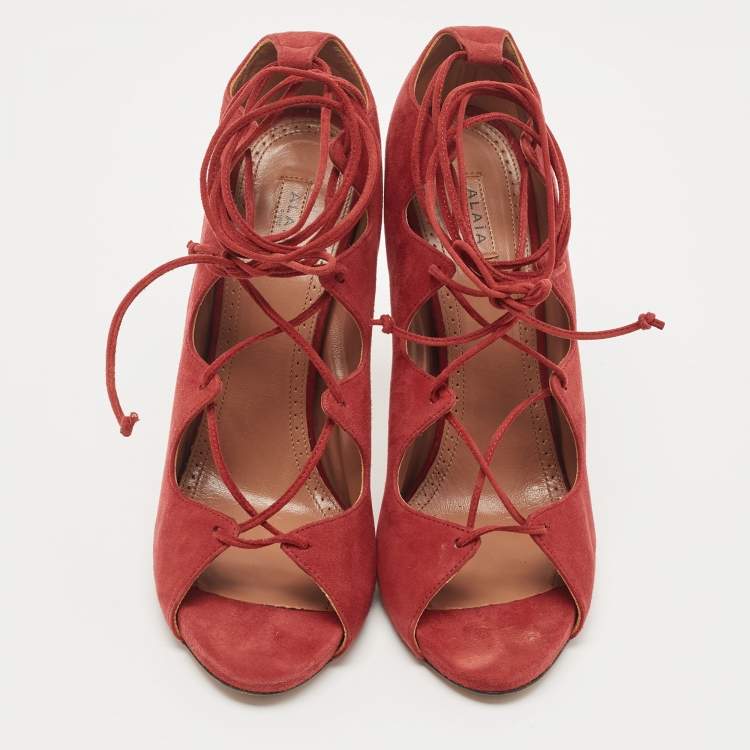 Pre Owned Alaia Red Suede Lace Up Pumps Size 39 