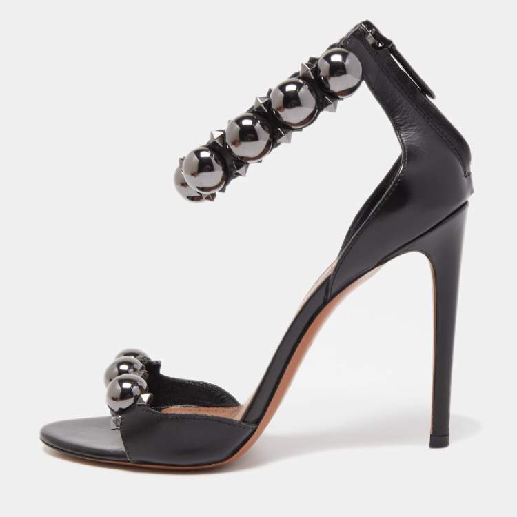 Pre Owned Alaia Black Leather Chamois Bombe Ankle Cuff Sandals Size 38