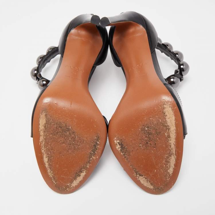 Pre Owned Alaia Black Leather Chamois Bombe Ankle Cuff Sandals Size 38