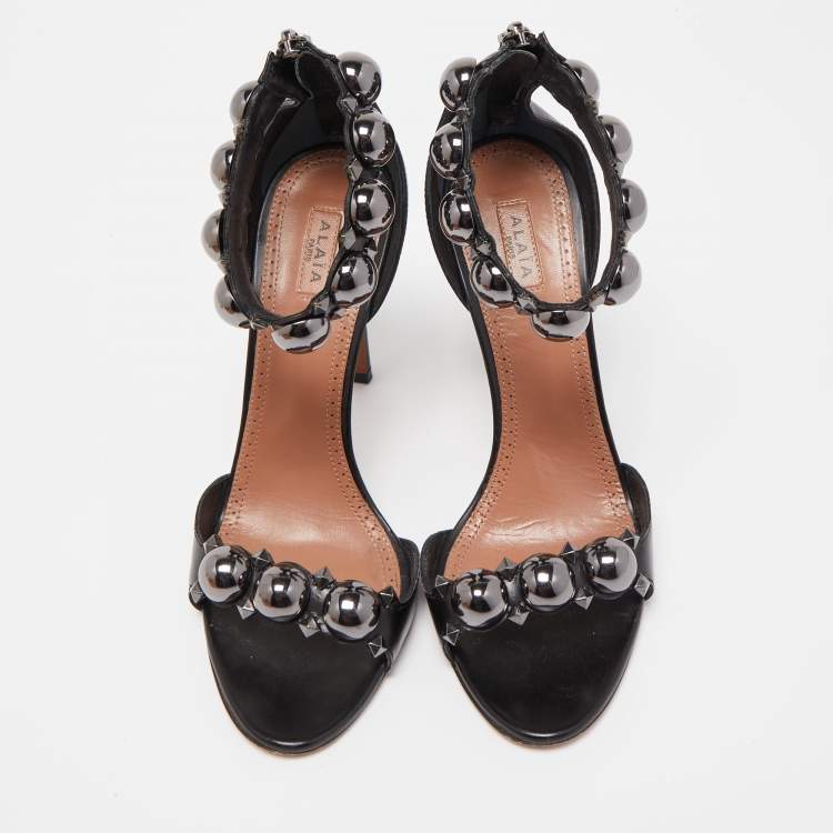 Pre Owned Alaia Black Leather Chamois Bombe Ankle Cuff Sandals Size 38