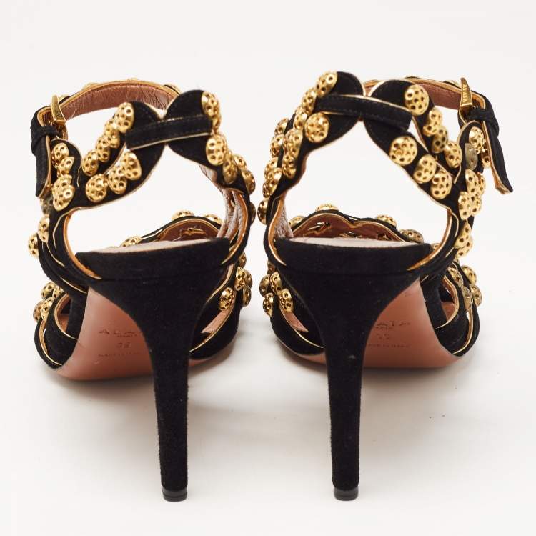 Pre Owned Alaia Black Suede Studded Ankle Strap Sandals Size 39