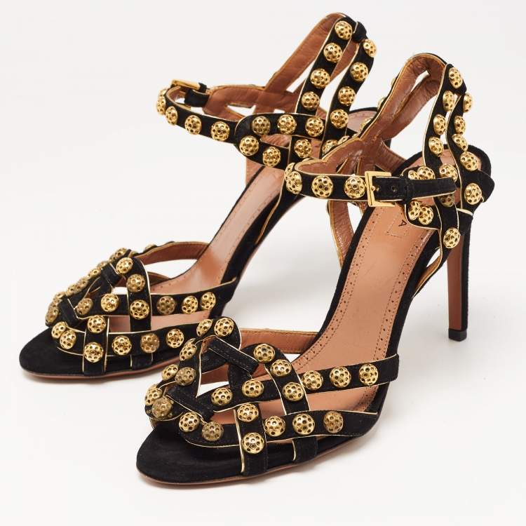 Pre Owned Alaia Black Suede Studded Ankle Strap Sandals Size 39