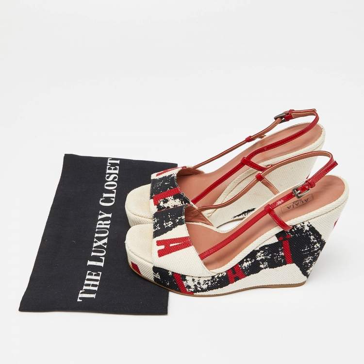 Pre Owned Aliaia Tricolor Printed Canvas and Patent Leather Wedge Platform Slingback Sandals Size 38