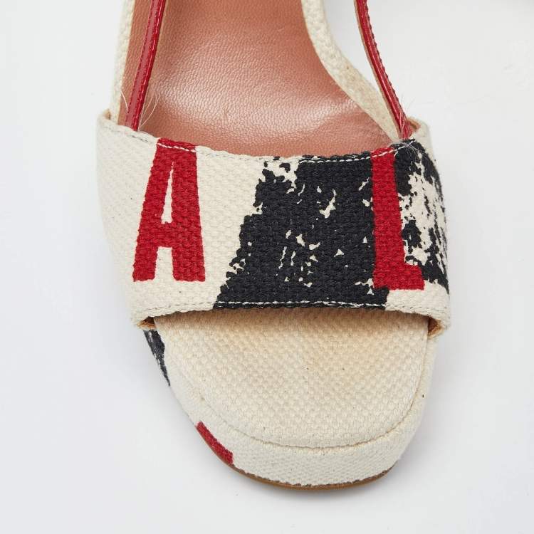 Pre Owned Aliaia Tricolor Printed Canvas and Patent Leather Wedge Platform Slingback Sandals Size 38