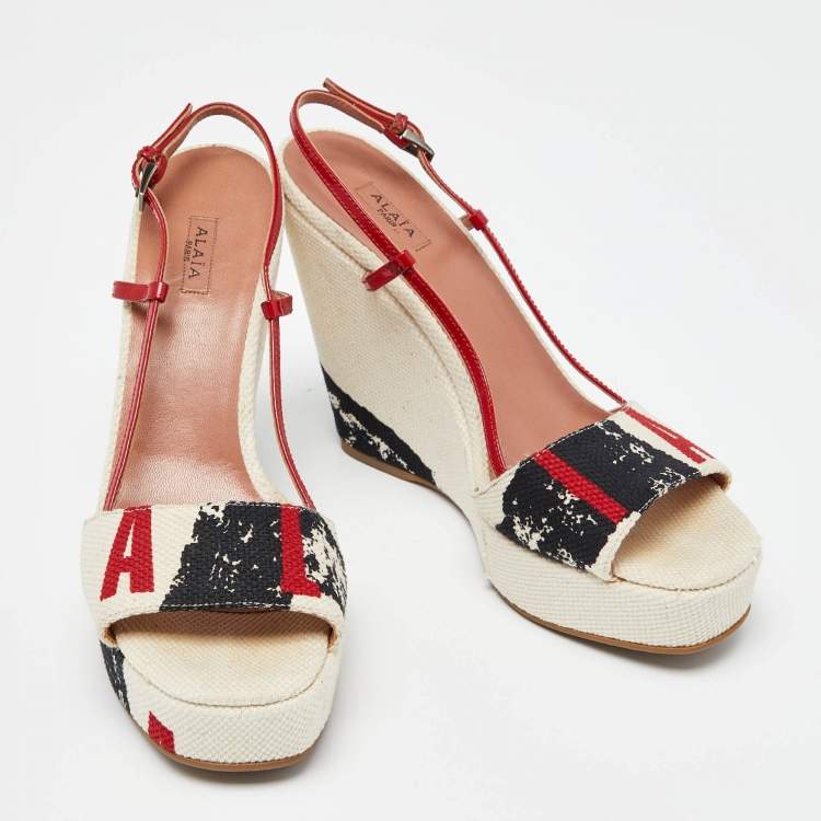 Pre Owned Aliaia Tricolor Printed Canvas and Patent Leather Wedge Platform Slingback Sandals Size 38