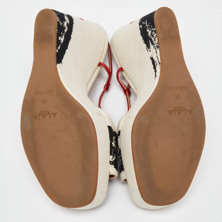 Pre Owned Aliaia Tricolor Printed Canvas and Patent Leather Wedge Platform Slingback Sandals Size 38