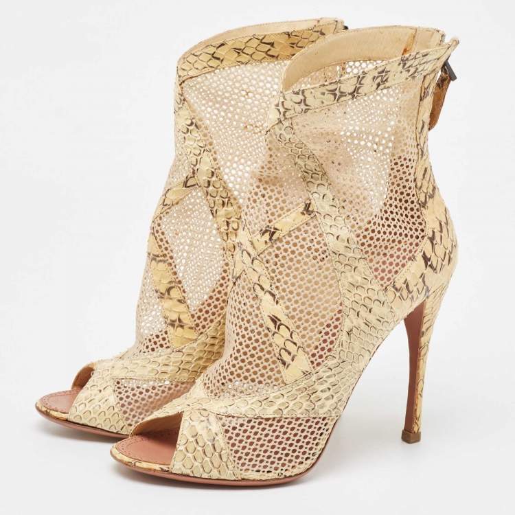 Pre Owned Alaia Cream Python and Mesh Zipper Booties Size 38