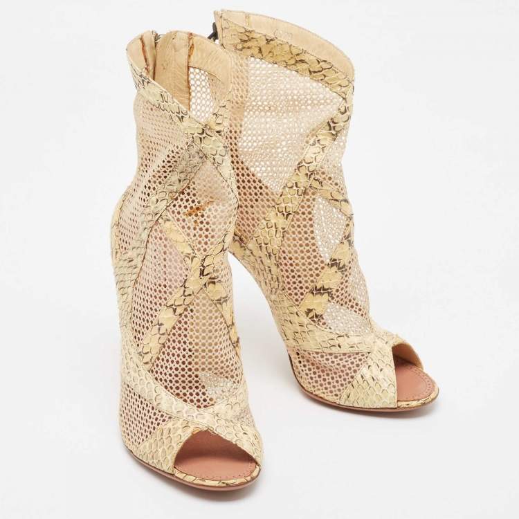 Pre Owned Alaia Cream Python and Mesh Zipper Booties Size 38
