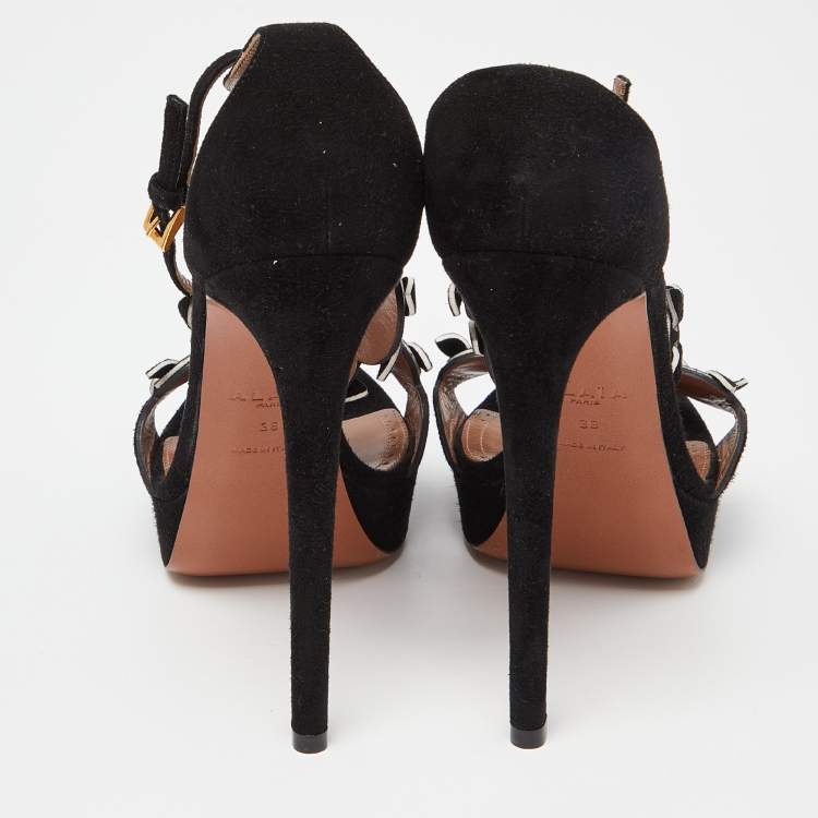 مملوكة مسبقًا Alaia Black Suede Platform Ankle Strap Sandals Size 38