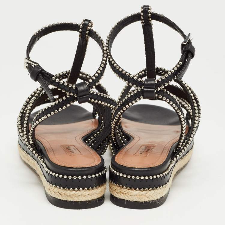 Pre Owned Alaia Black Leather Studded Strappy Espadrille Flat Sandals Size 37