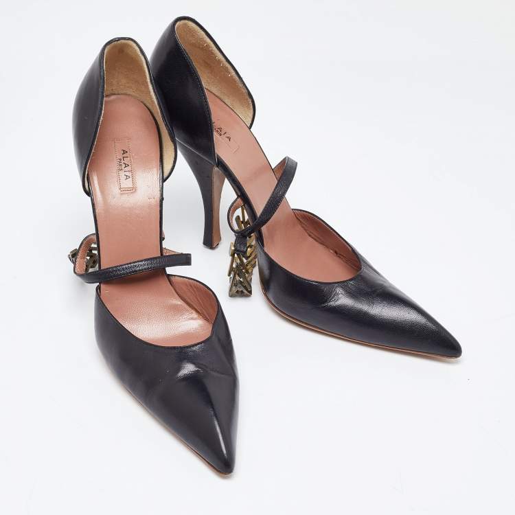 Pre Owned Alaia Black Leather Metal Detail D'Orsay Pumps Size 38