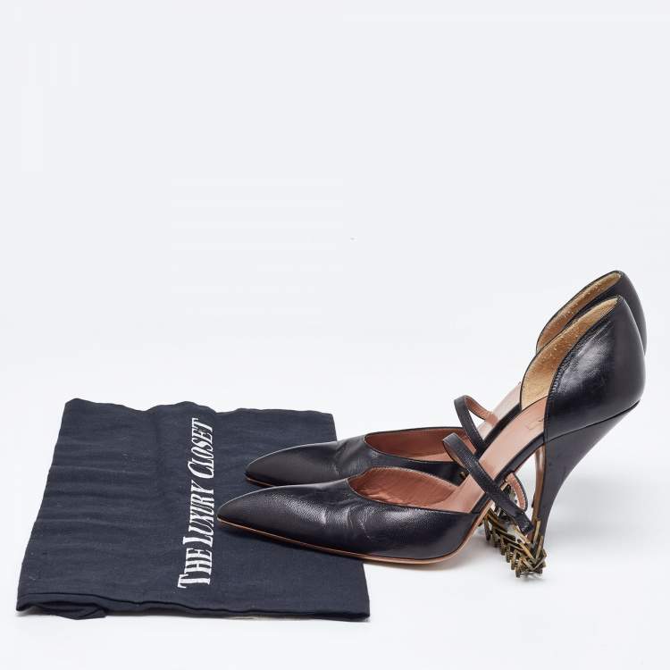 Pre Owned Alaia Black Leather Metal Detail D'Orsay Pumps Size 38