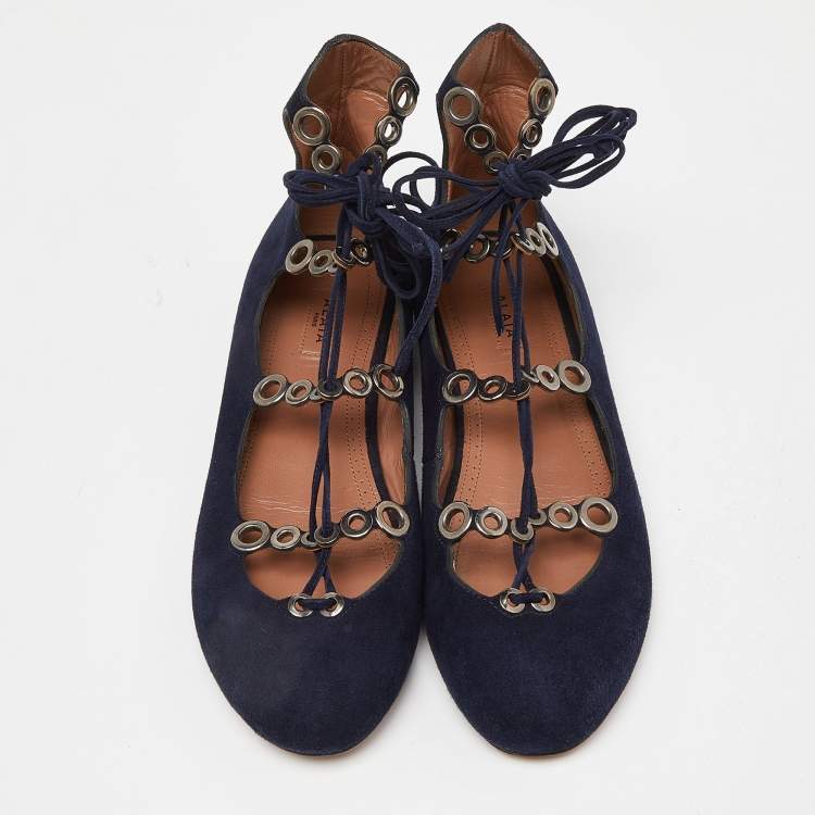 Pre Owned Alaia Blue Suede Lace up Ballet Flats Size 37