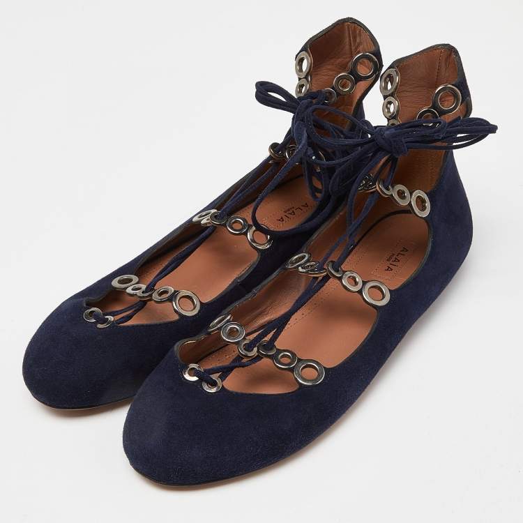 Pre Owned Alaia Blue Suede Lace up Ballet Flats Size 37