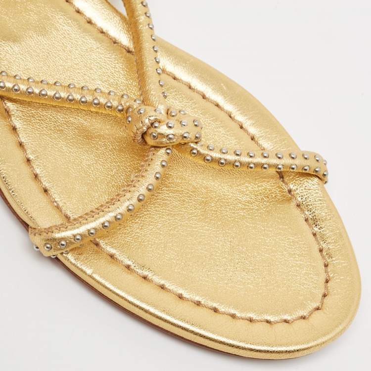 Pre Owned Alaia Gold Studded Leather Strappy Flat Sandals Size 38.5