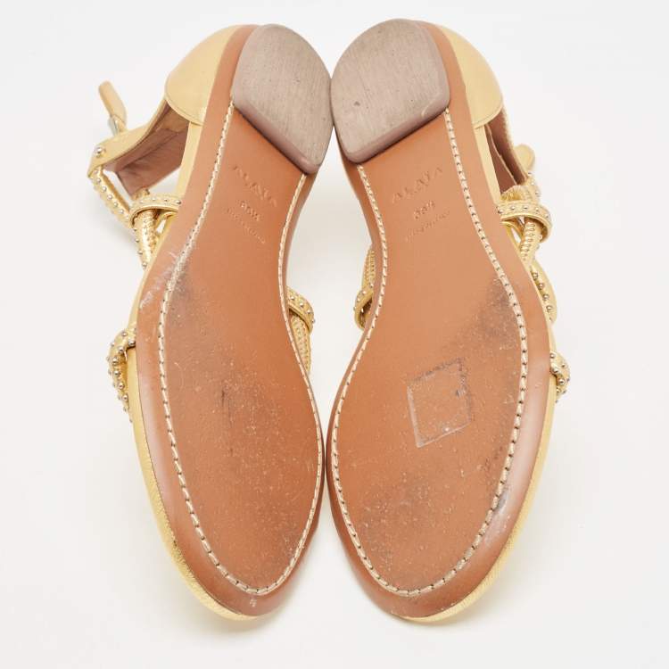Pre Owned Alaia Gold Studded Leather Strappy Flat Sandals Size 38.5
