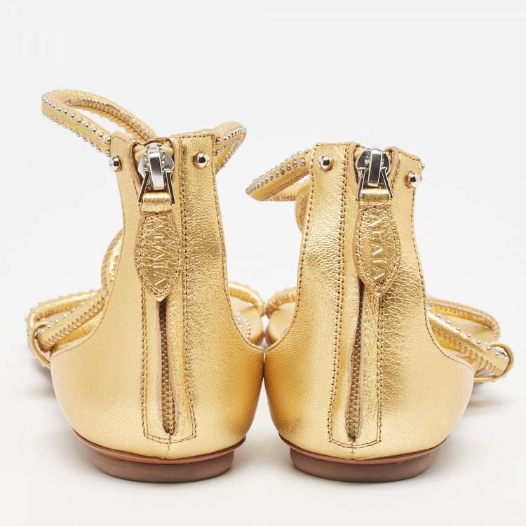 Pre Owned Alaia Gold Studded Leather Strappy Flat Sandals Size 38.5